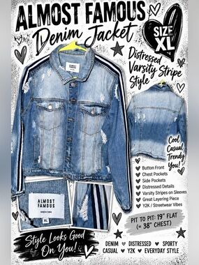 Almost Famous XL Distressed Denim Jean Jacket Varsity Stripe Y2K